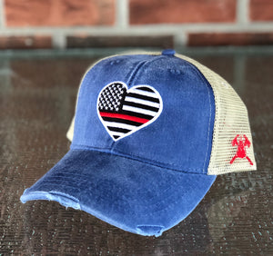 Thin Red Line Heart Distressed Trucker